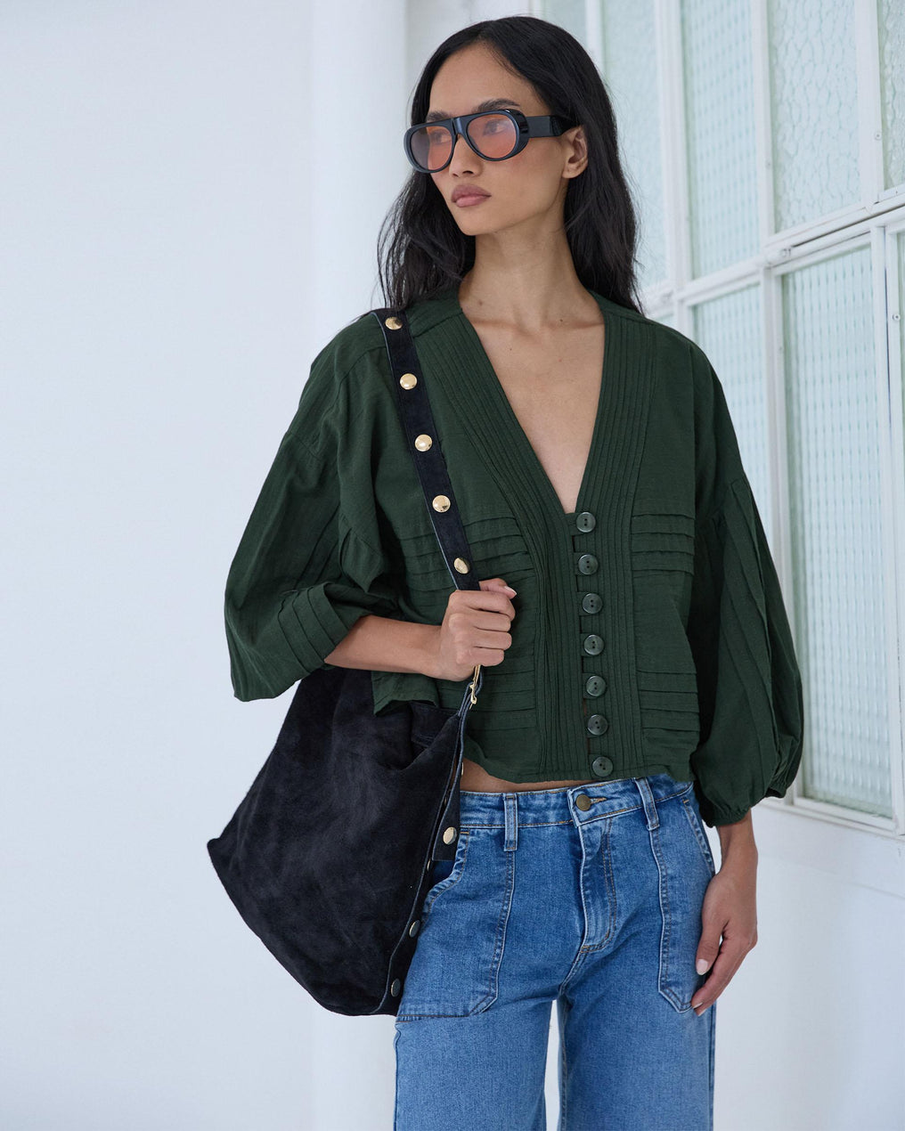 Blusa Pliegues Verde Oscuro