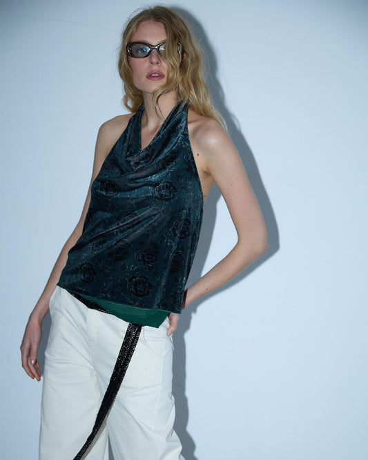 Top Halter Terciopelo Estampado Floral Verde Oscuro