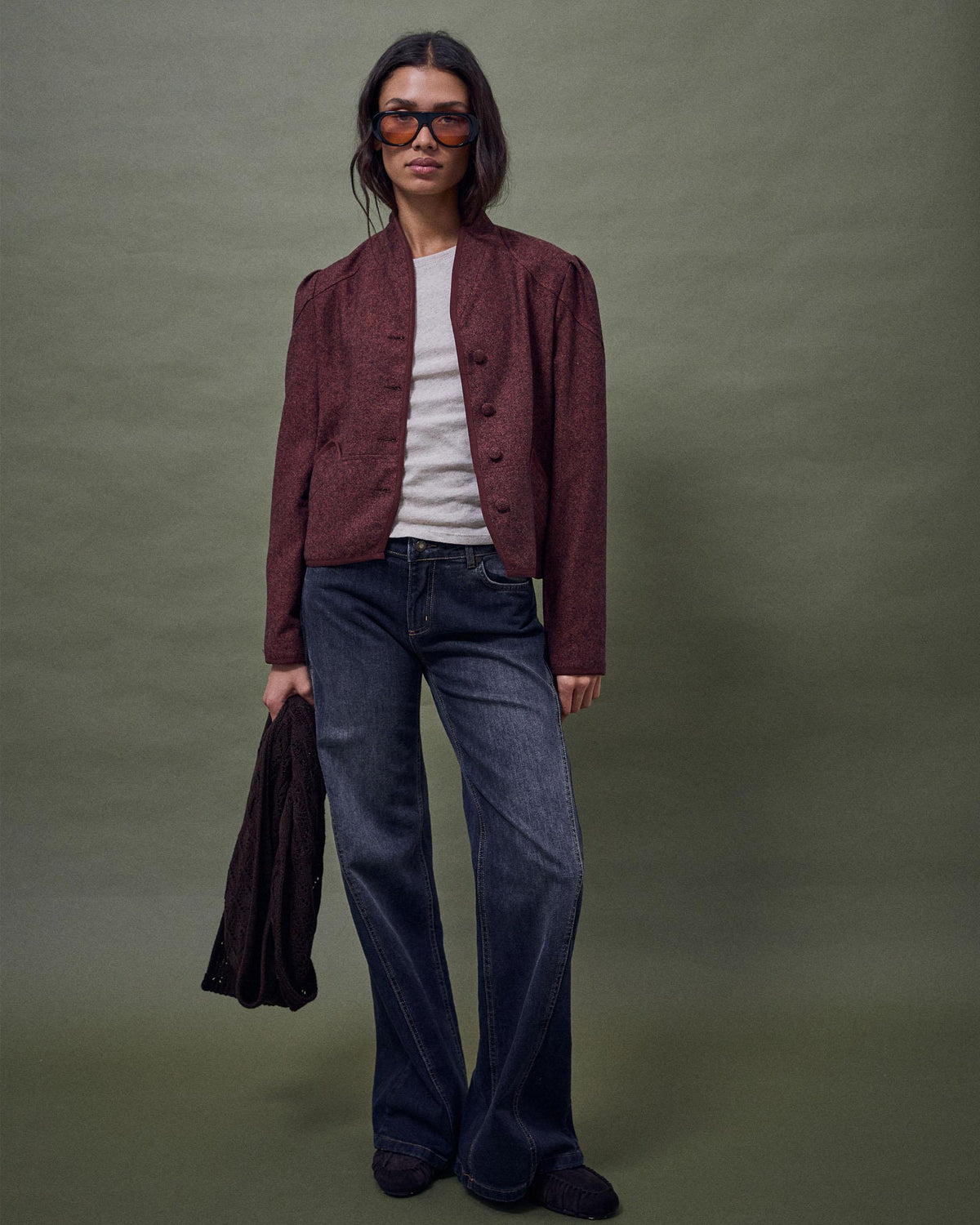 Chaqueta Ribete Contraste Mezcla Lana Teja
