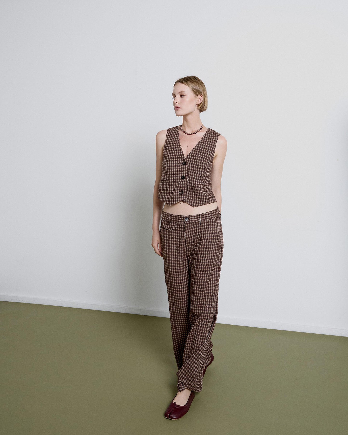 Brown Plaid Lapel Trousers