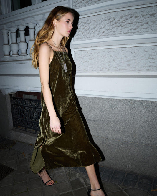 Vestido Largo Terciopelo Verde Oscuro