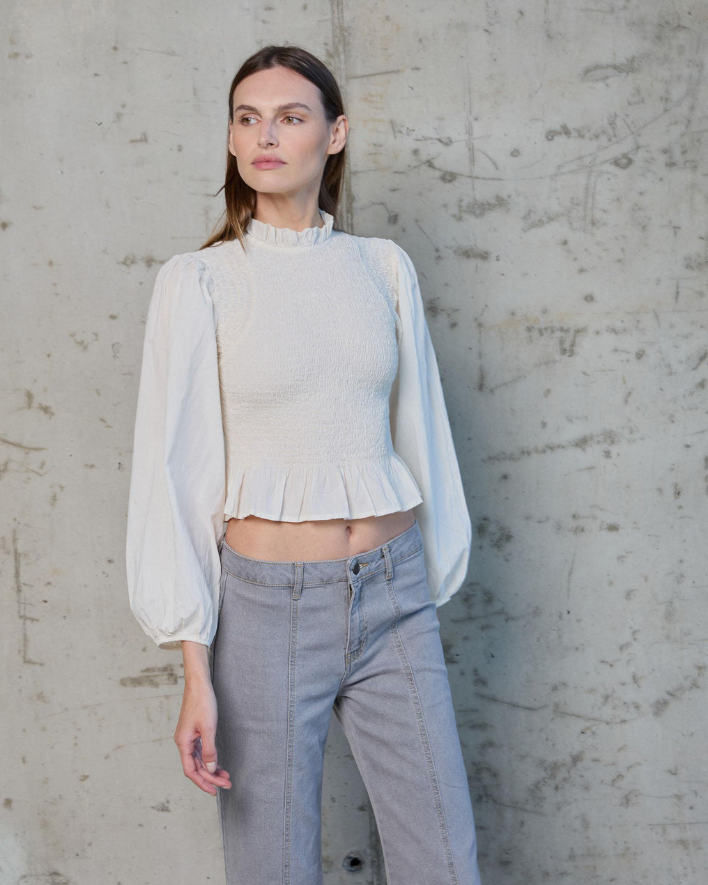 Raw Honeycomb Blouse with Puff Sleeves