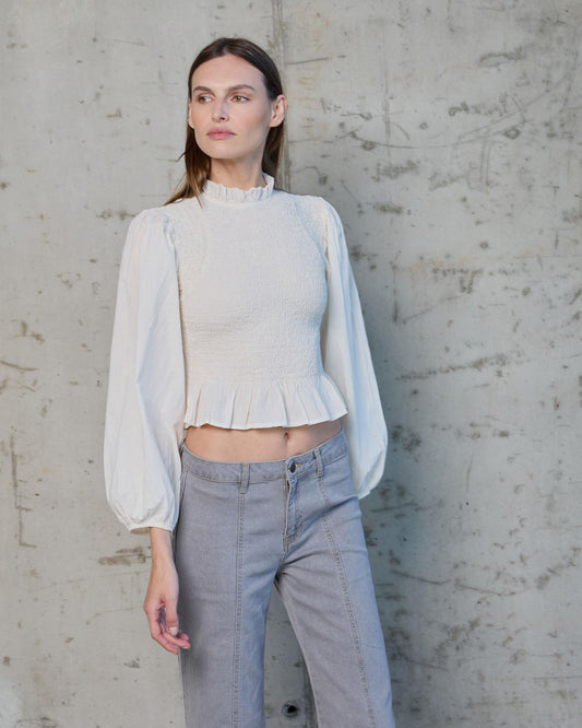 Raw Honeycomb Blouse with Puff Sleeves