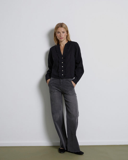 Black Striped Ruffle Fabric Blouse