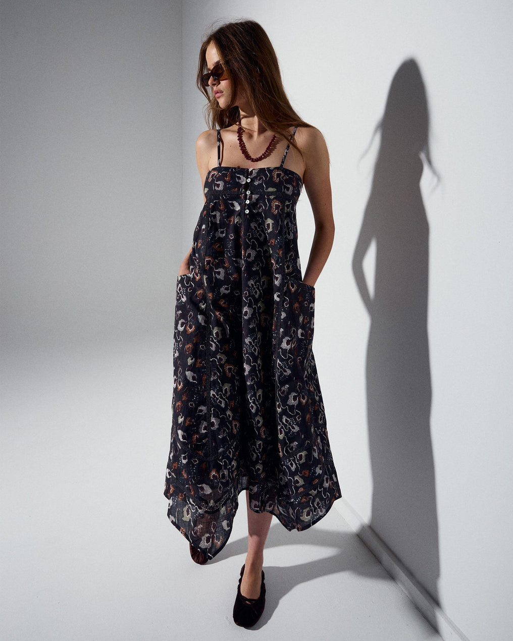 Vestido Puntillas Bolsillos Estampado Floral Antracita