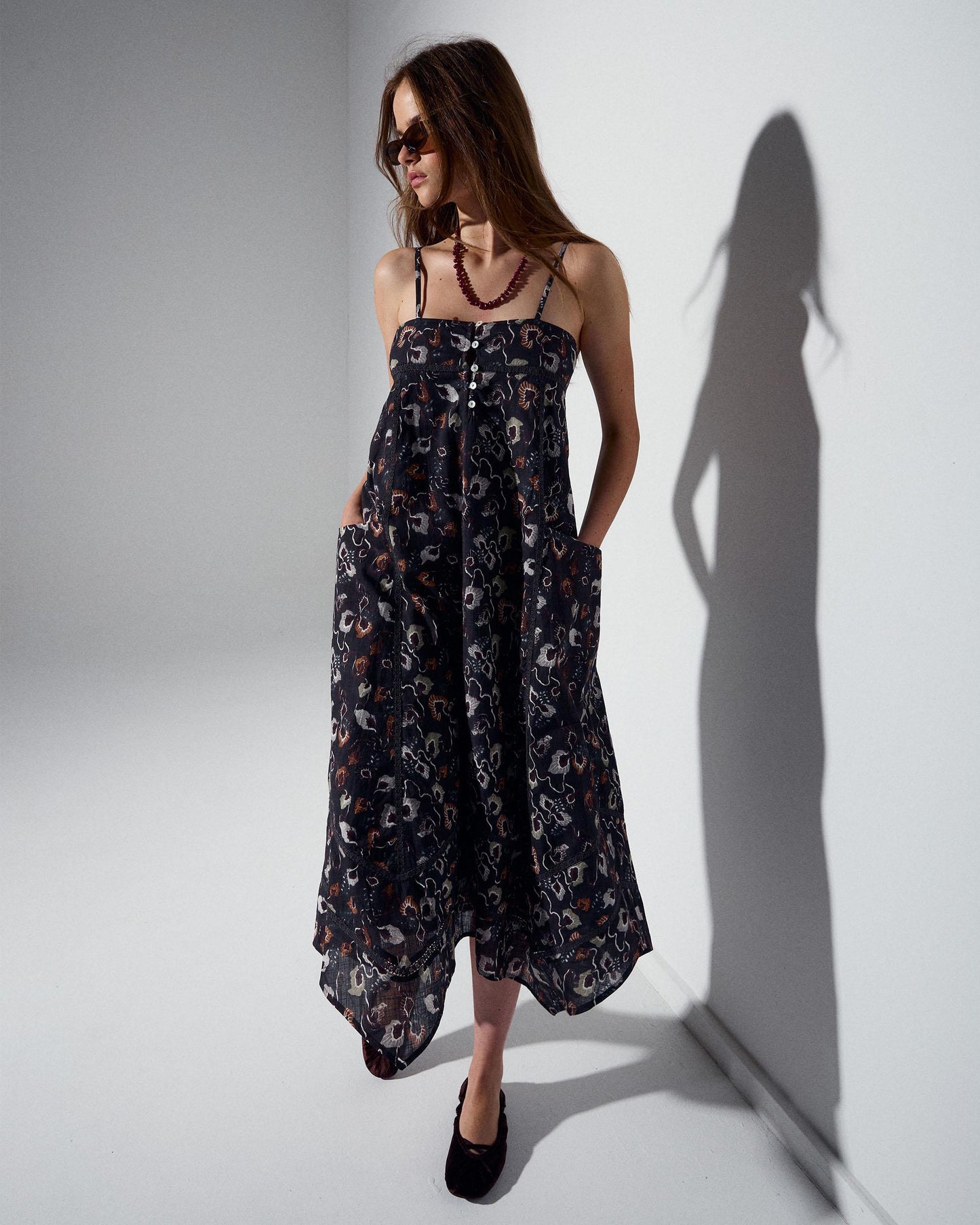 Vestido Puntillas Bolsillos Estampado Floral Antracita