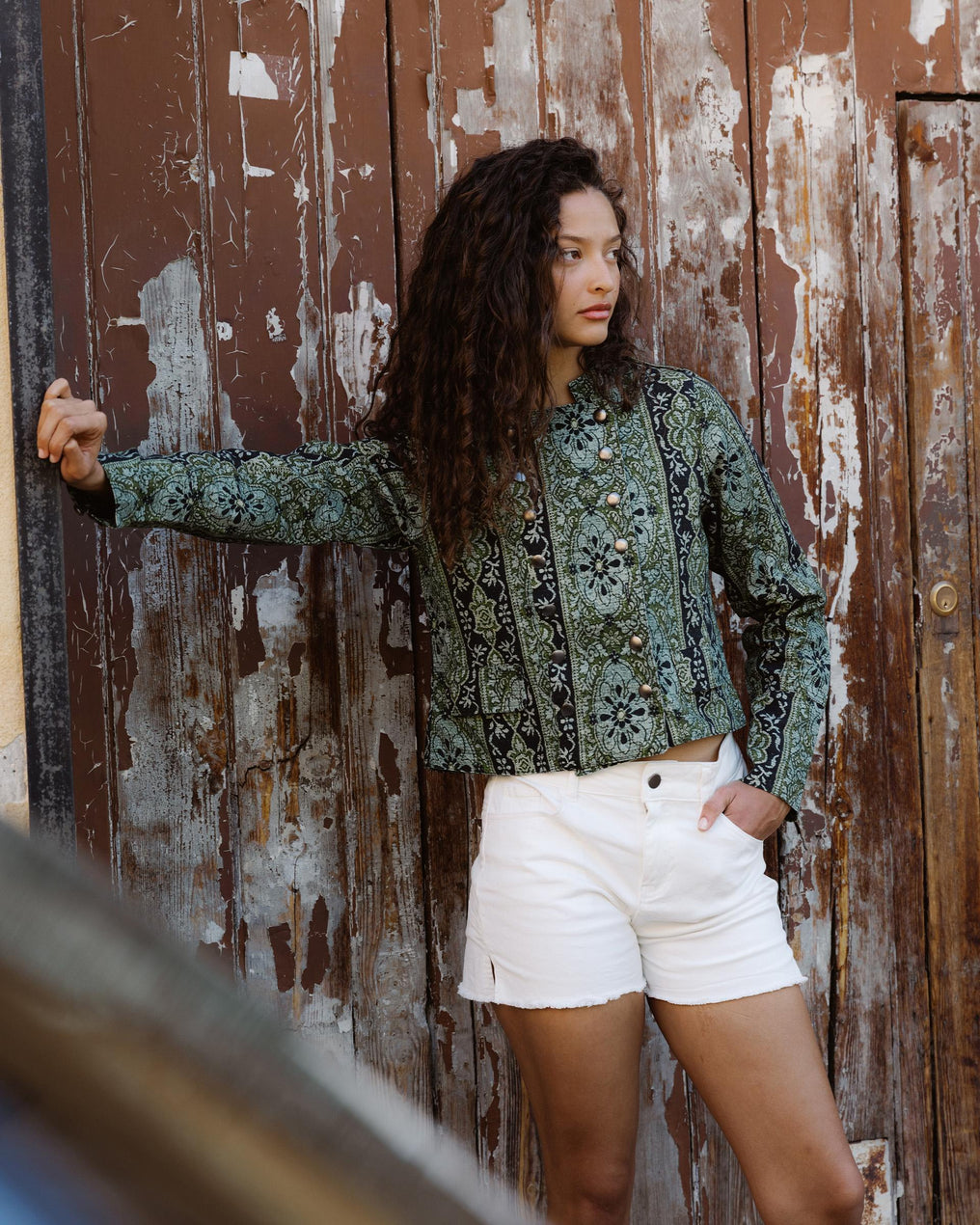 Chaqueta Botones Tapeta Estampado Verde