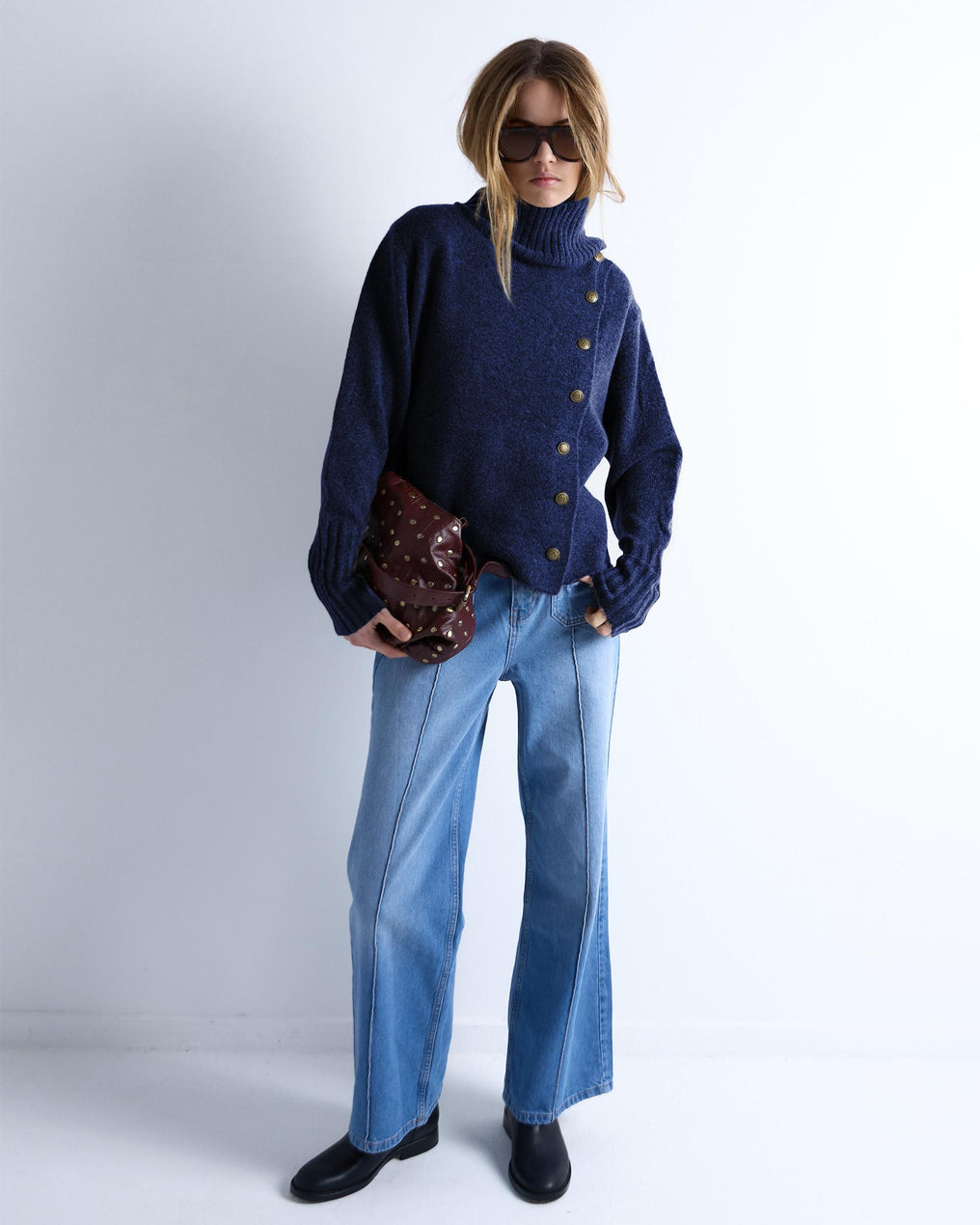 Jersey Cuello Alto Botones Azul Marino