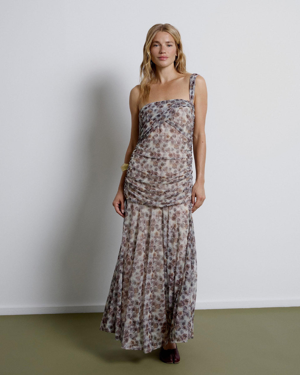 Vestido Estampado Tul Drapeados Multicolor