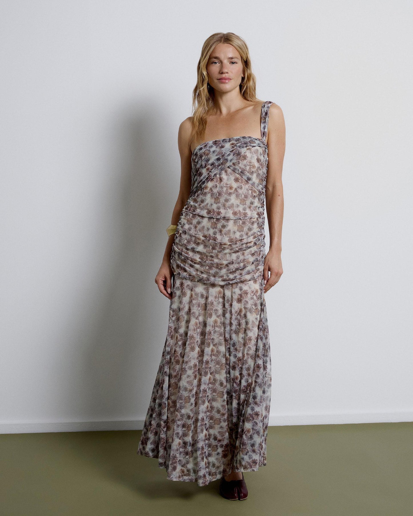 Vestido Estampado Tul Drapeados Multicolor