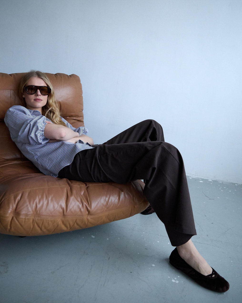 Camisa Rayas Manga Abullonada Azul Marino