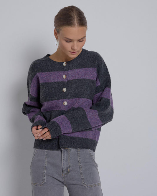 Casaco de malha às riscas com botões antracite