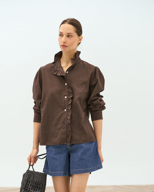 High Neck Blouse with Buttons and Ruffle, Brown