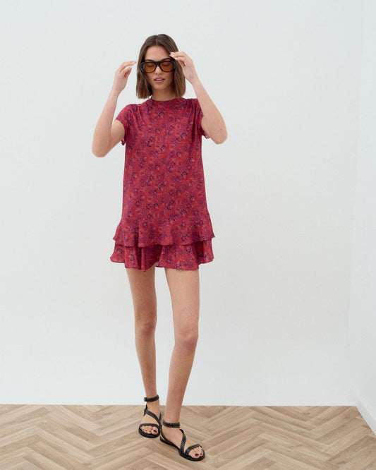 Vestido Corto Volantes Estampado Fucsia