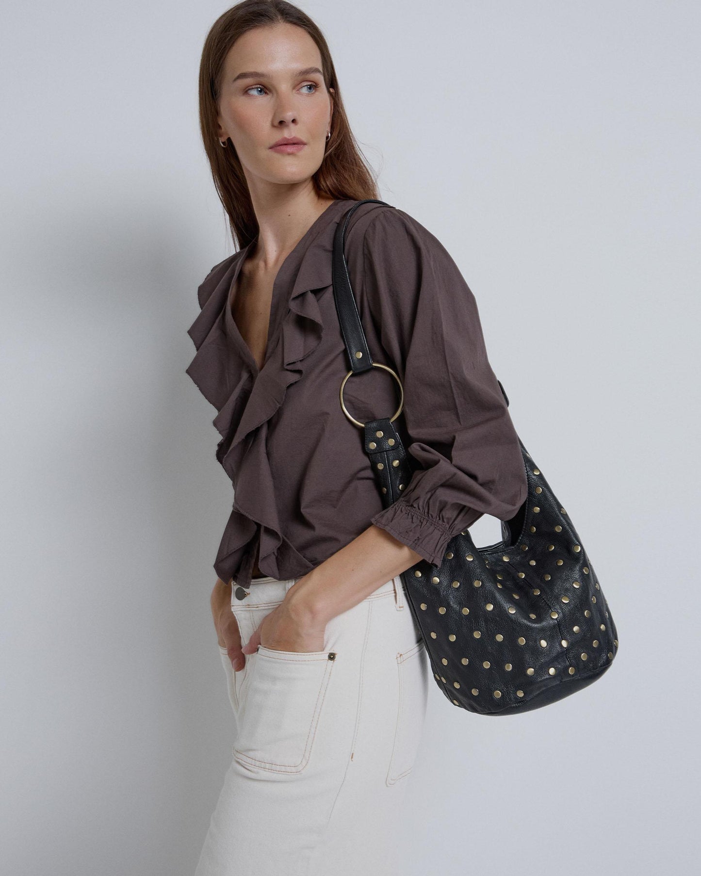 Brown V-Neck Ruffle Blouse