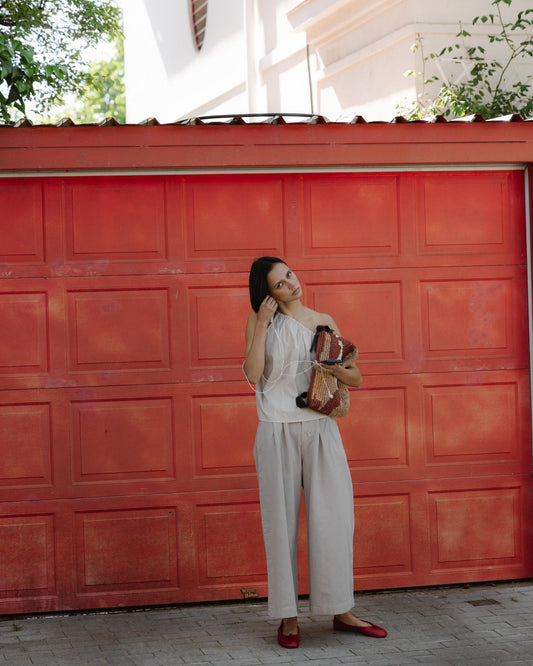 Pantalón Wide Leg Pinzas Beige