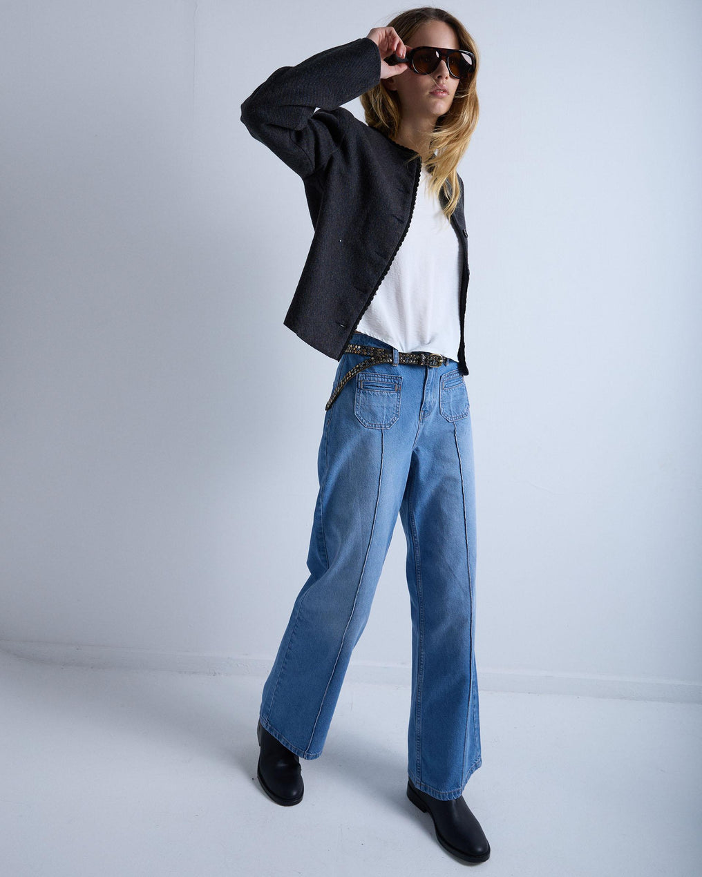 Jeans with Pockets, Wide Leg, Blue Stitching