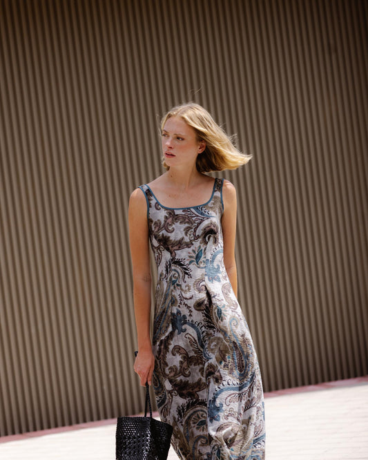 Printed Strappy Dress with Blue Trim