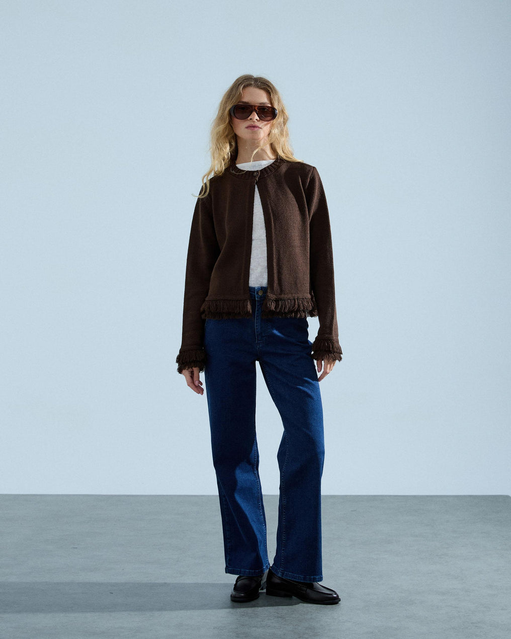 Chaqueta Punto Flecos Marrón