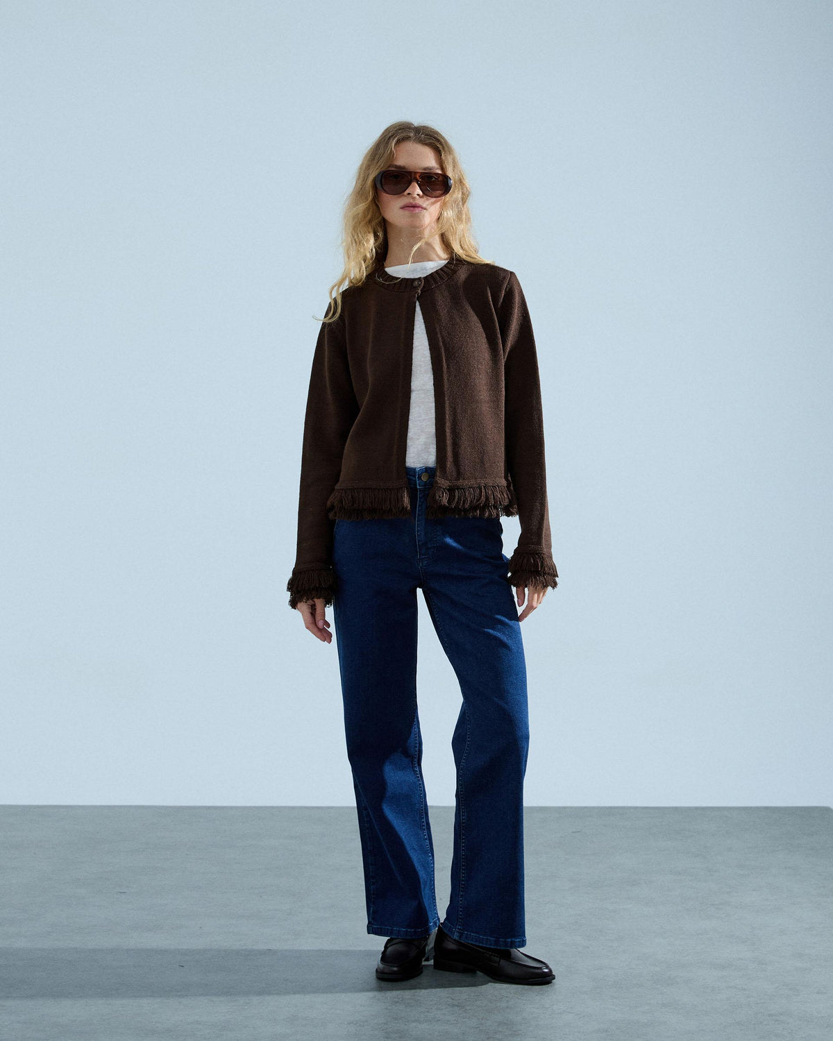 Chaqueta Punto Flecos Marrón