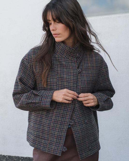 Chaqueta Cuadros Cruzada Mezcla Lana Kaki