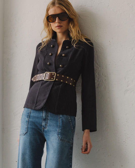 Casaco Riscas Botões Azul Marinho