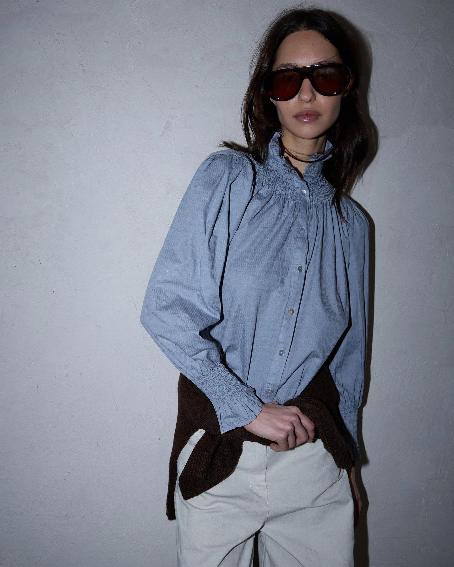 Honeycomb Blouse with Light Blue Collar