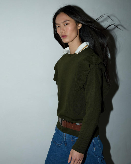 Dark Green Jersey with Side Ruffles