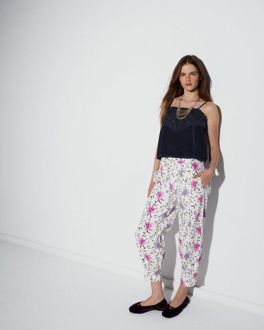 White Floral Print Harem Pants