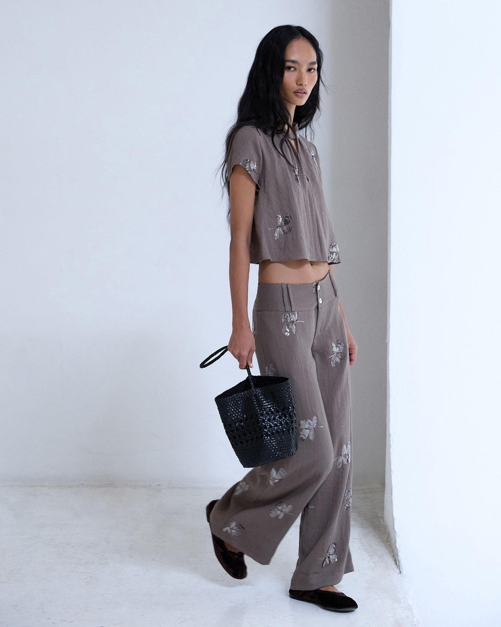 Pantalón Doble Cinturilla Lentejuelas Taupe