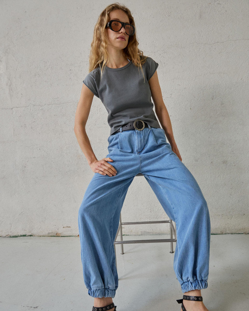 Jeans Bombacho Pregas Azul