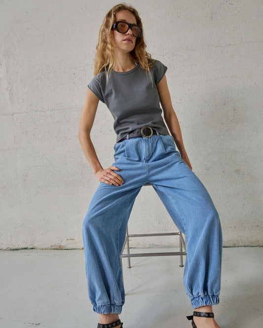 Blue Pleated Balloon Jeans