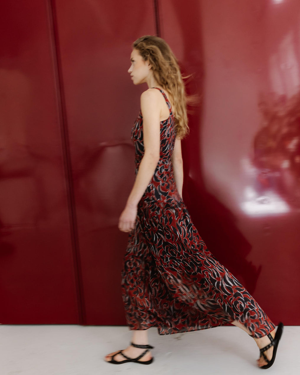 Burgundy Printed Cut-Out Strappy Dress