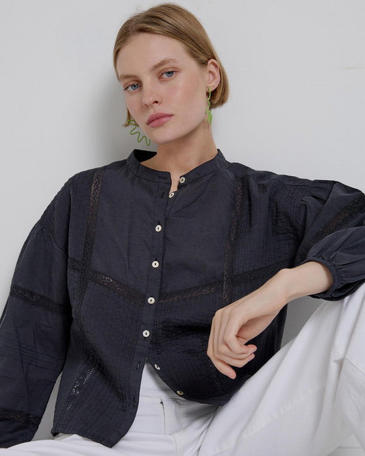 Long Sleeve Blouse with Anthracite Bottom Panels