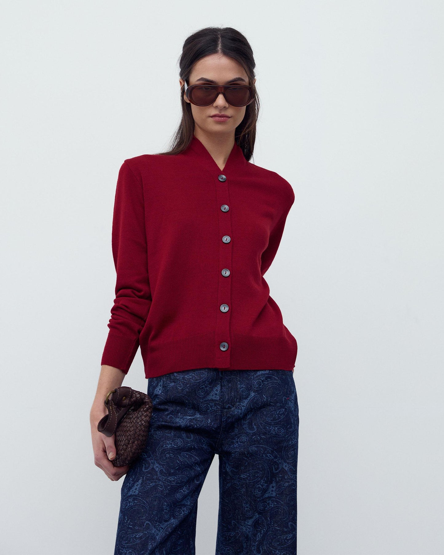 Chaqueta Punto Cuello Subido Pico Granate
