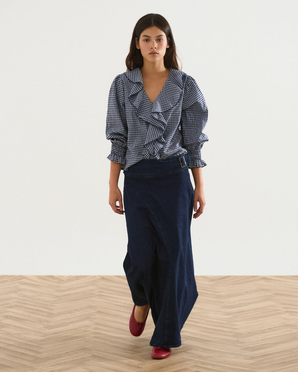 Blusa Volantes Delanteros Vichy Azul Oscuro