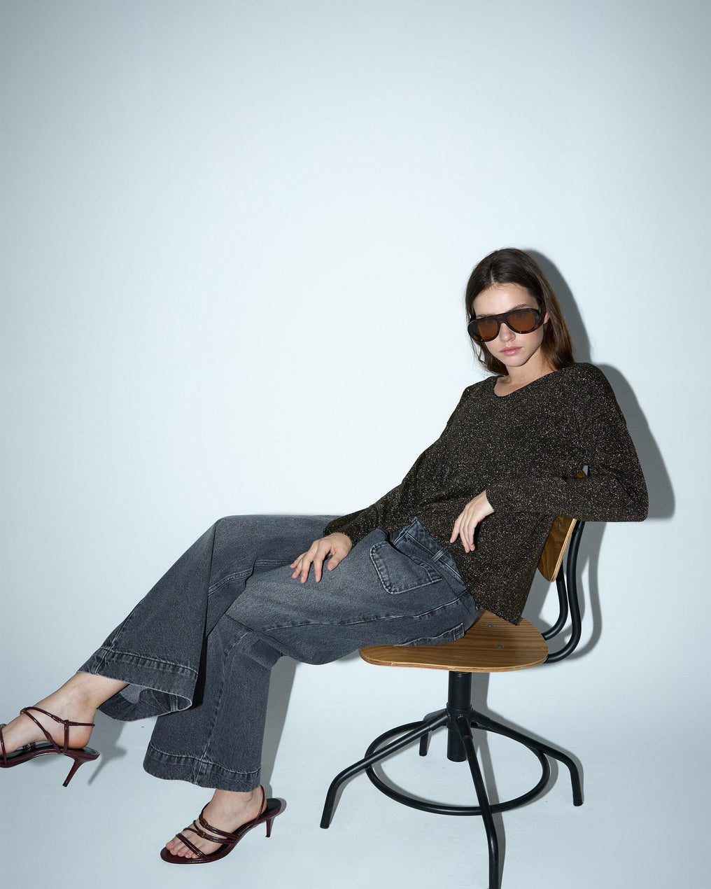 T-shirt preta de manga comprida com lurex