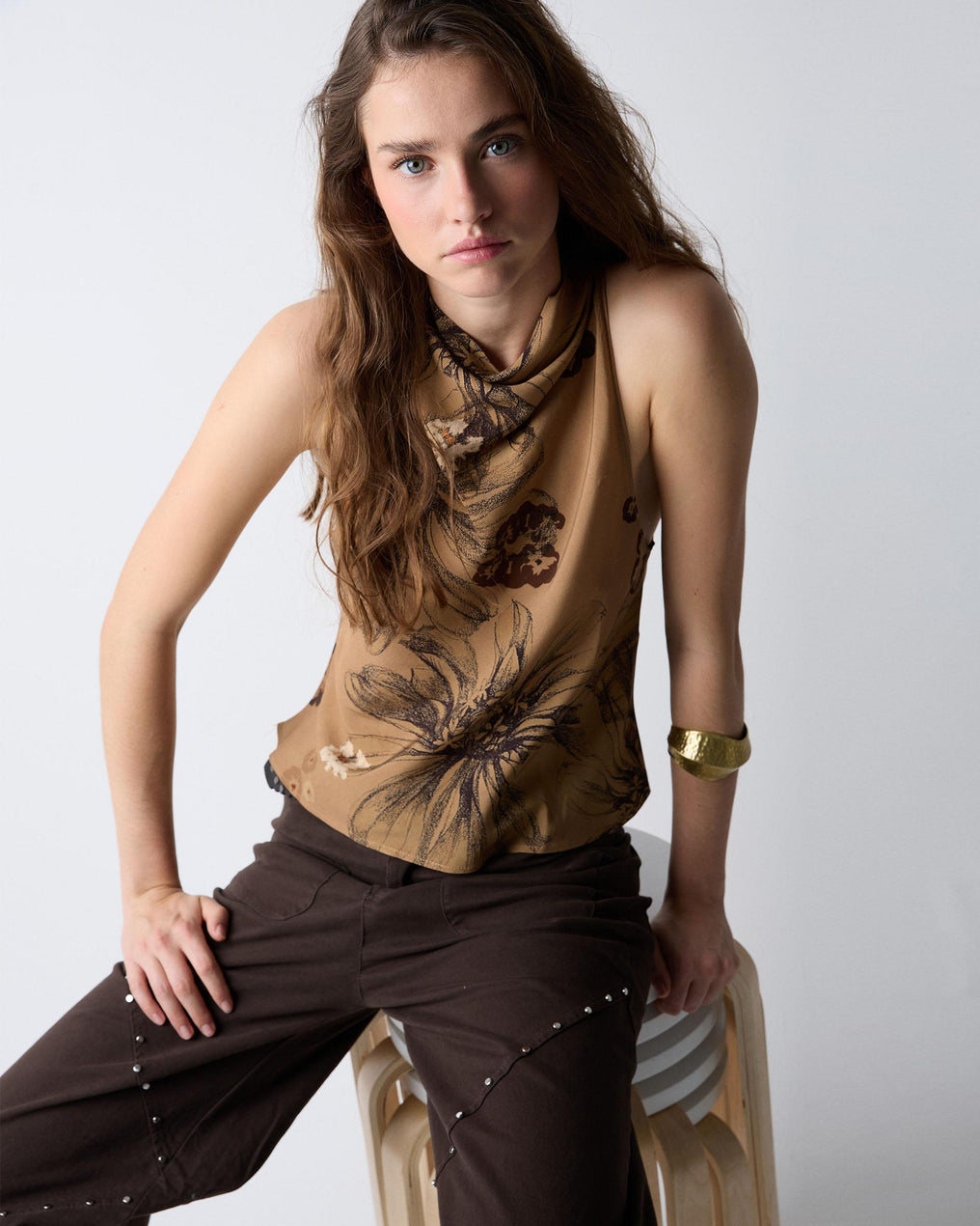 Brown Printed Draped Neckline Top