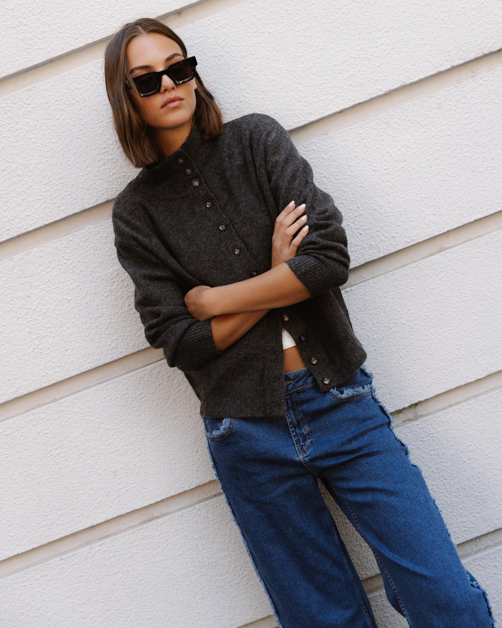 Cardigan Anthracite à Col Montant et Boutons