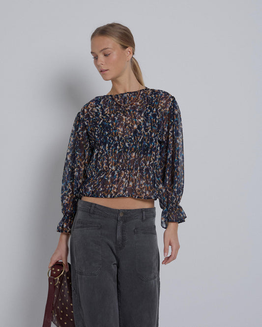 Dark Blue Printed Elastic Blouse