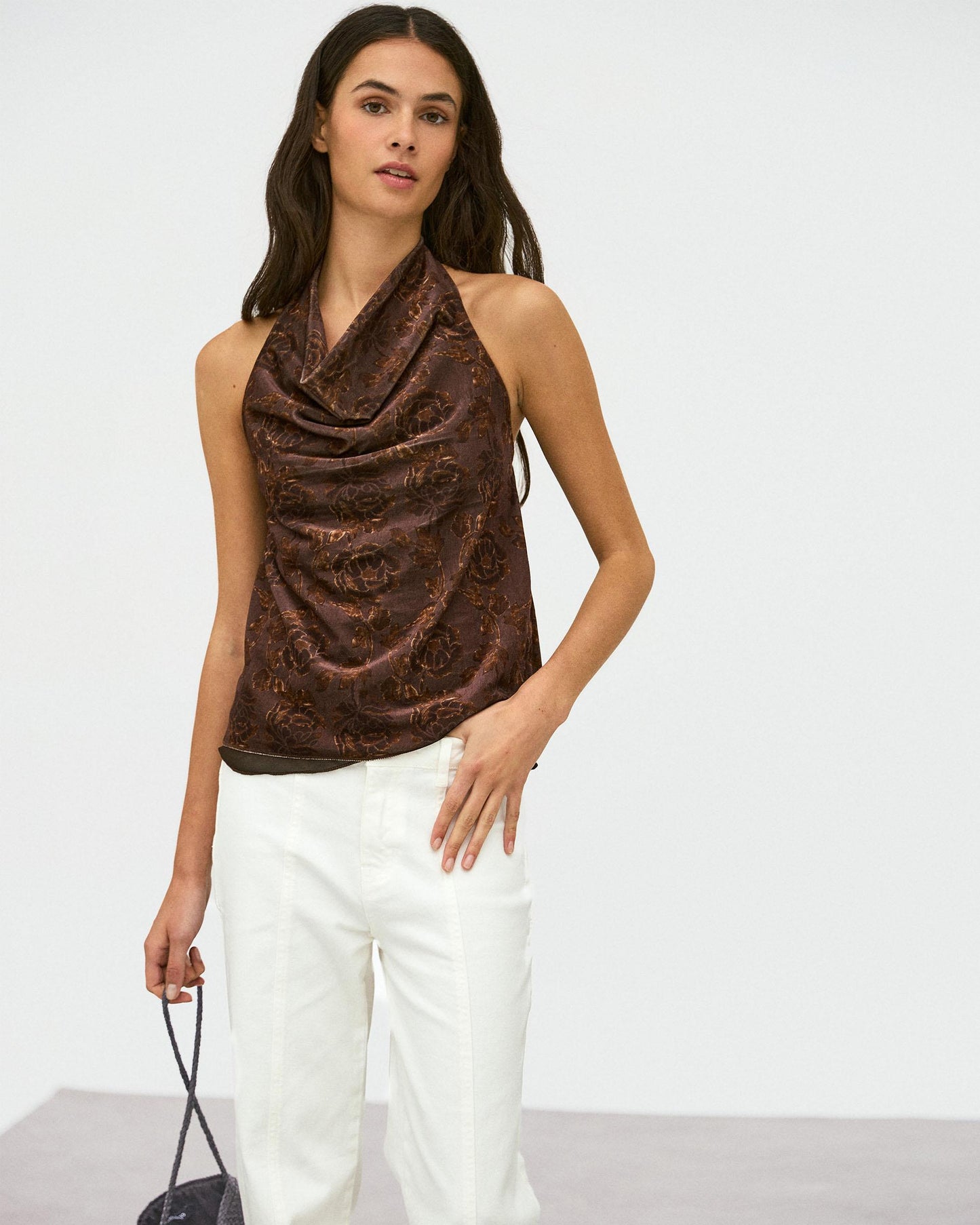 Top Halter Velours Imprimé Floral Marron