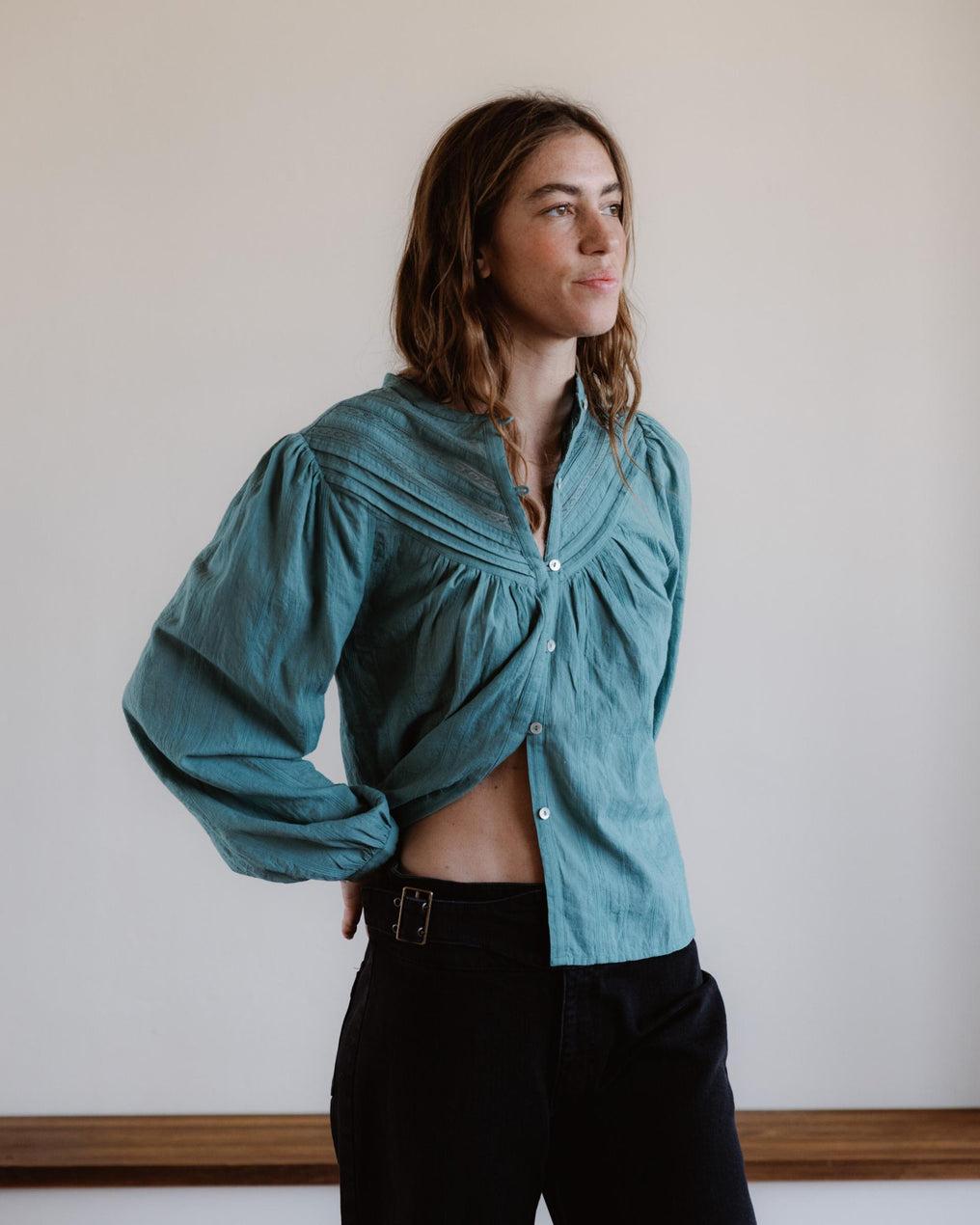 Blusa Tejido Rayas Puntillas Verde Agua