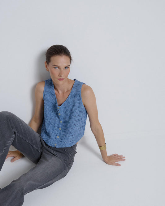 Chaleco Botones Calado Azul