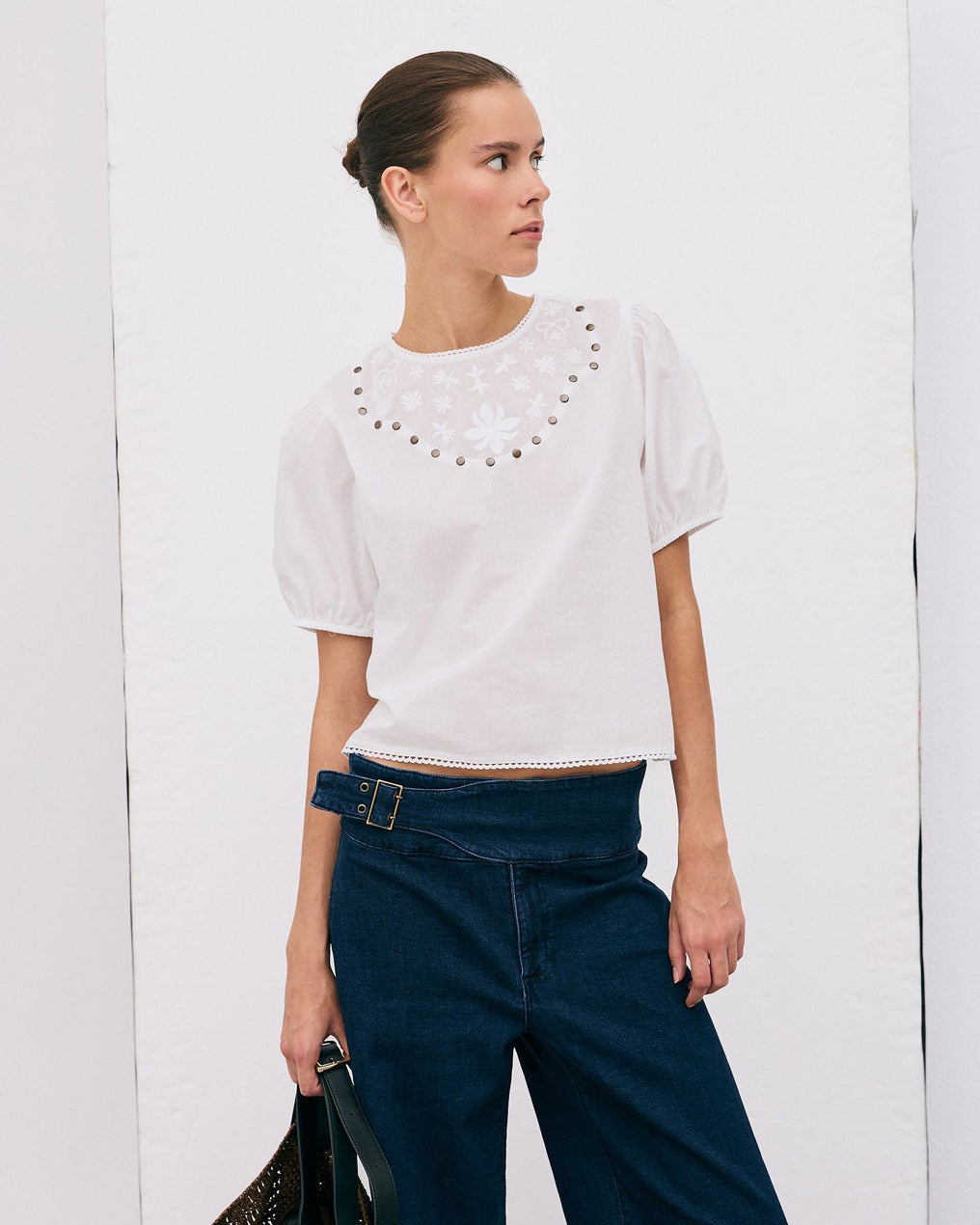 White Stud Embroidered Blouse