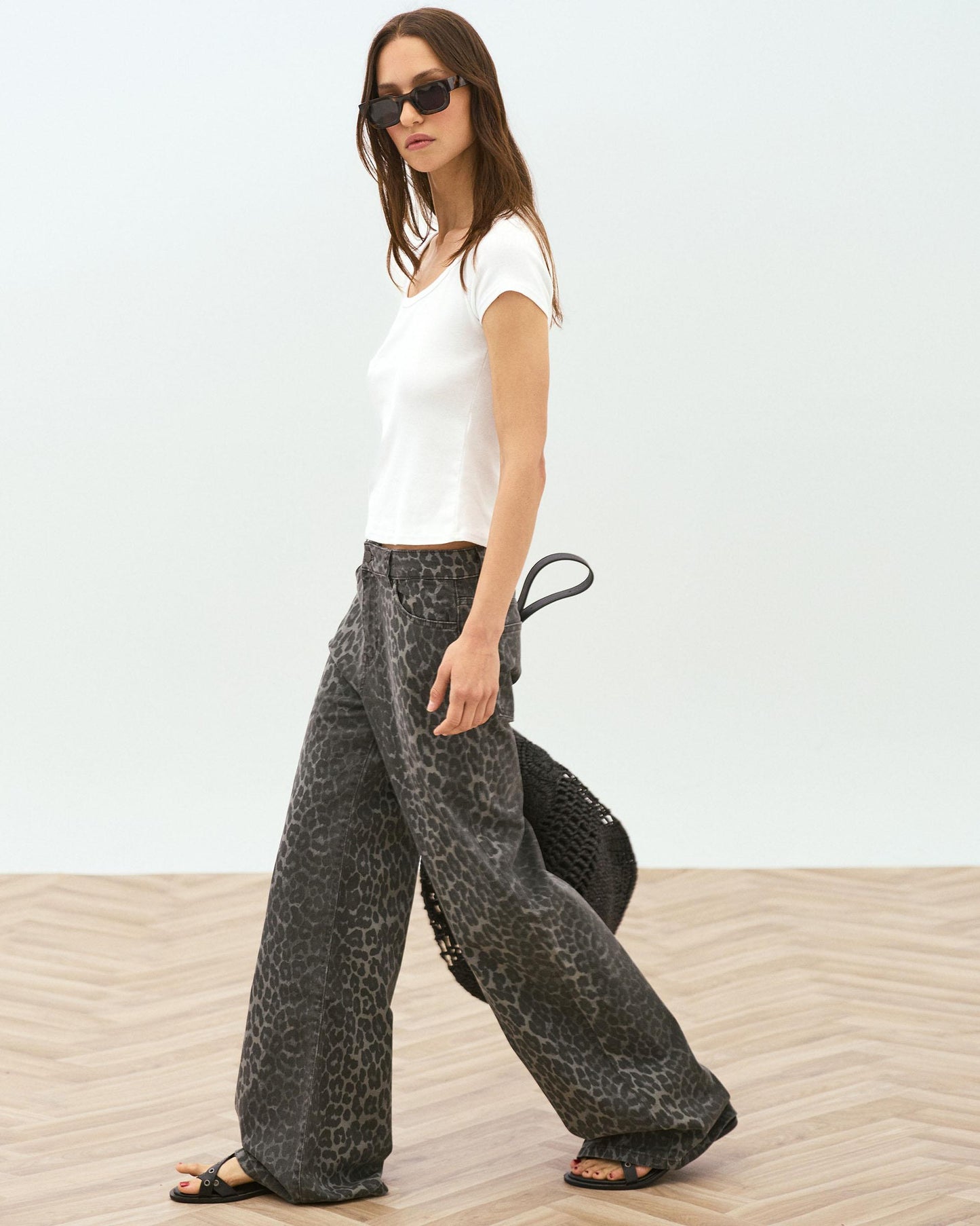 Jeans Wide Leg Animal Print Cinzento