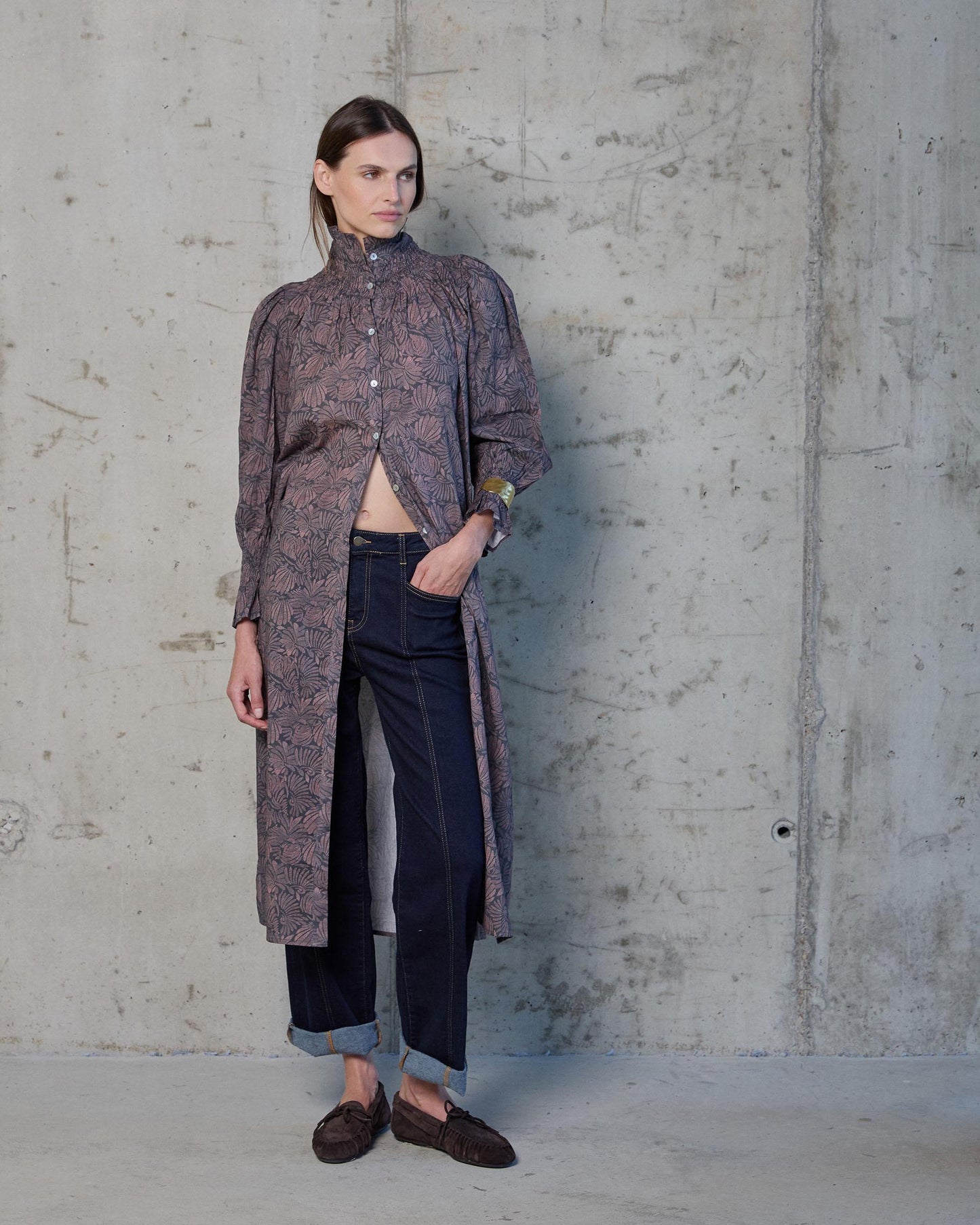 Vestido Manga Abullonada Estampado Antracita