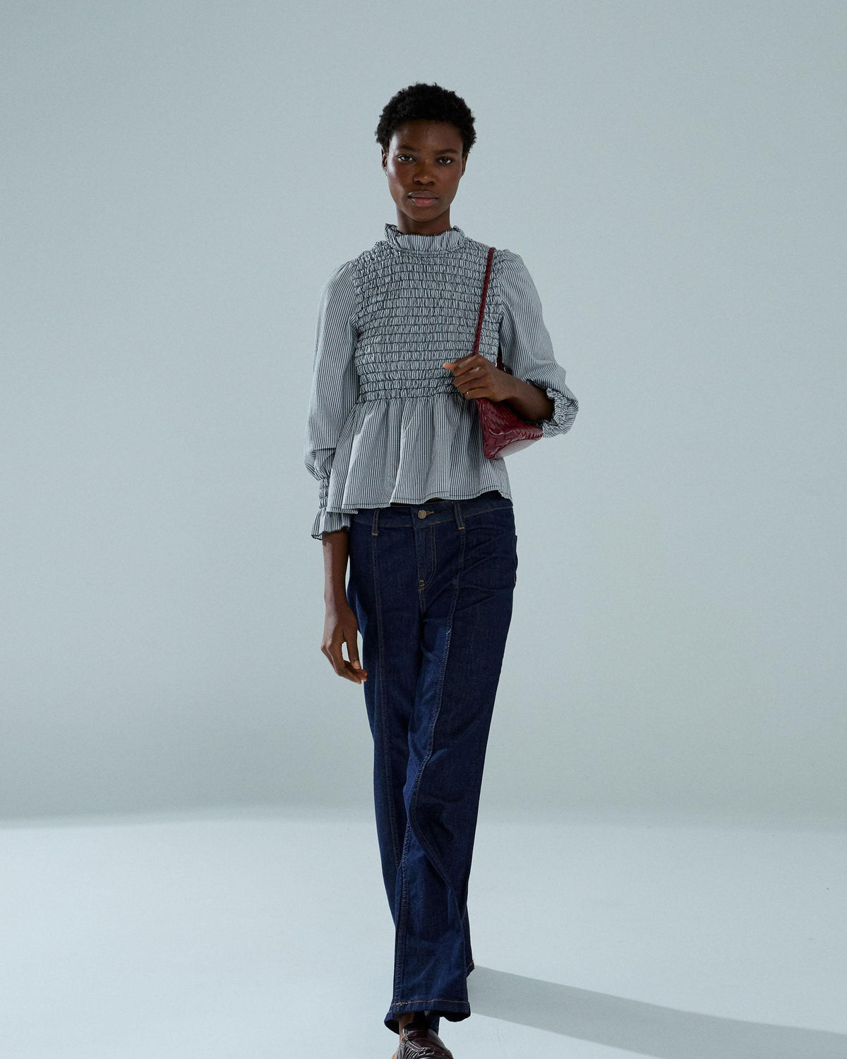 Blusa Manica Lunga Goffrata Righe Nera