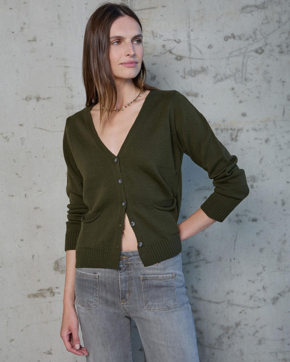 Military Green V-Neck Jacket with Pockets