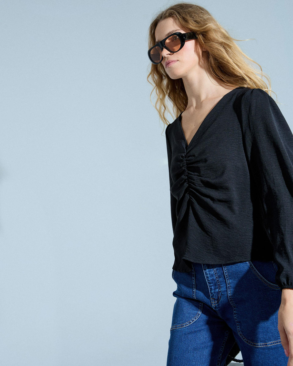 Long Sleeve Gathered Blouse Black