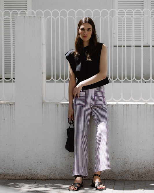 Jeans Riscas Bolsos Contraste Roxo